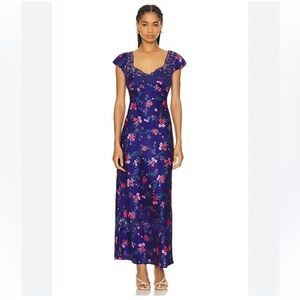 Free People Navy Blue Floral Lace-Trim Maxi Dress